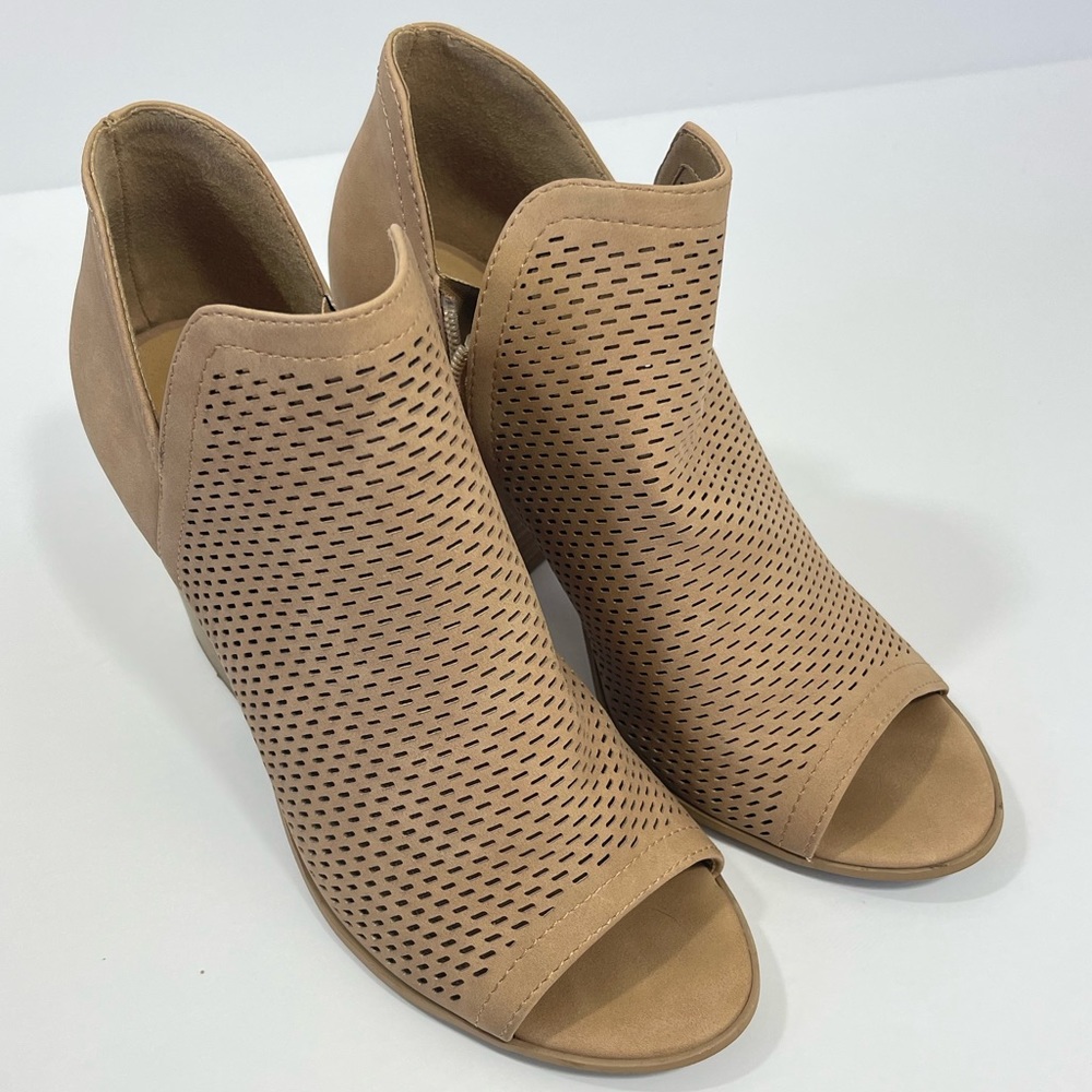 Soda Camel Brown Block Heel Open Toe Booties - image 2